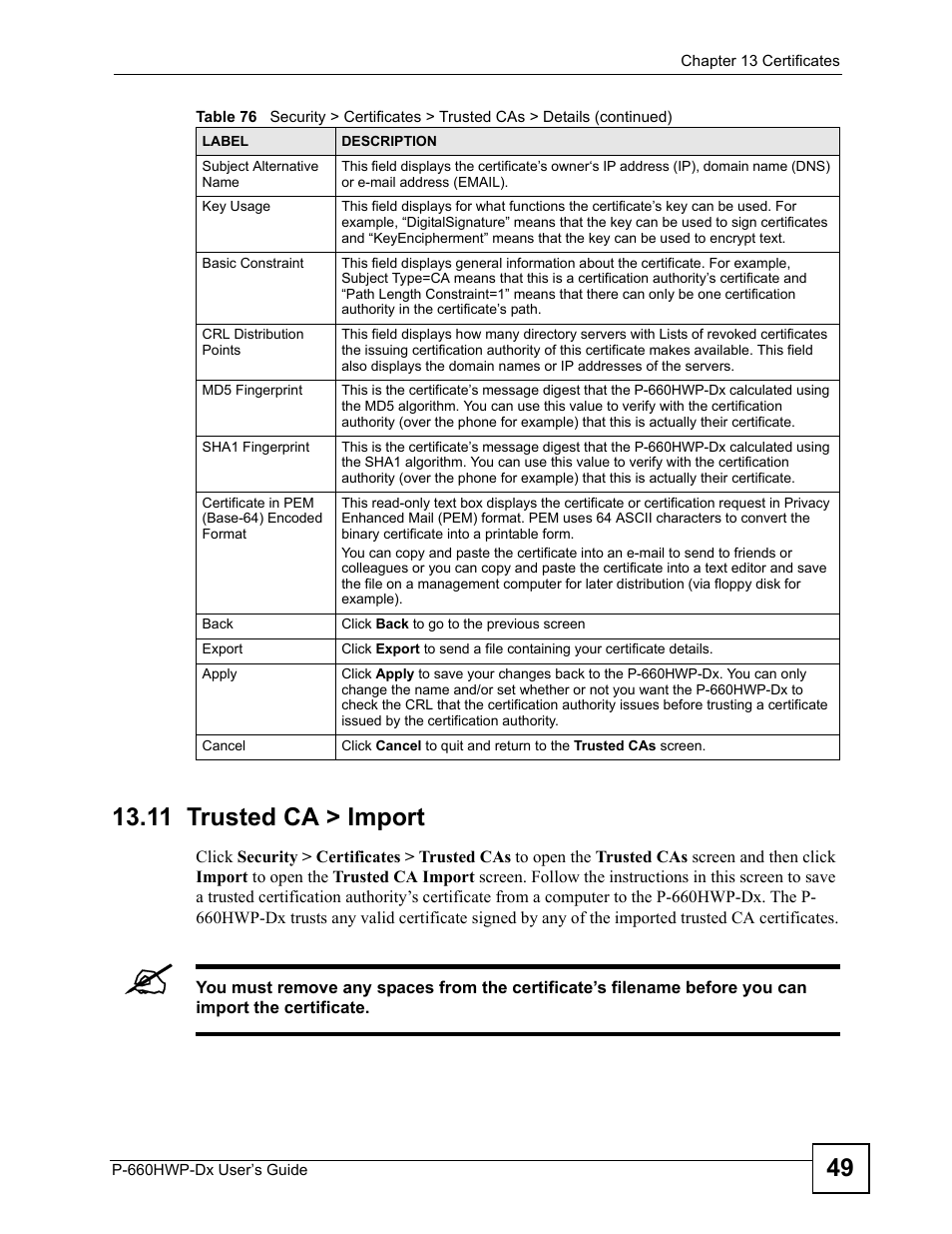 11 trusted ca > import | ZyXEL Communications 802.11g HomePlug AV ADSL2+ Gateway P-660HWP-Dx User Manual | Page 209 / 402