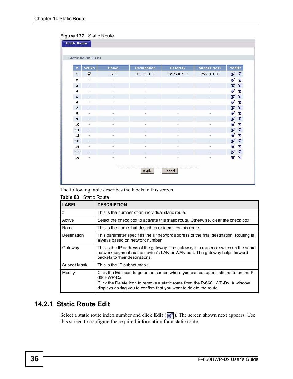 1 static route edit, Figure 127 static route, Table 83 static route | ZyXEL Communications 802.11g HomePlug AV ADSL2+ Gateway P-660HWP-Dx User Manual | Page 220 / 402