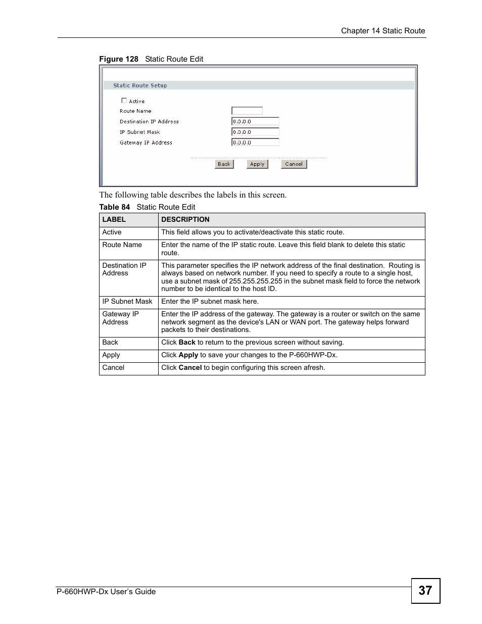 Figure 128 static route edit, Table 84 static route edit | ZyXEL Communications 802.11g HomePlug AV ADSL2+ Gateway P-660HWP-Dx User Manual | Page 221 / 402