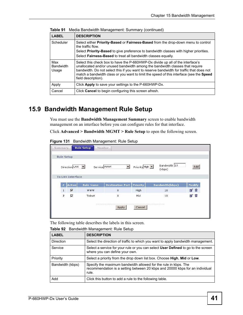 9 bandwidth management rule setup, Figure 131 bandwidth management: rule setup, Table 92 bandwidth management: rule setup | ZyXEL Communications 802.11g HomePlug AV ADSL2+ Gateway P-660HWP-Dx User Manual | Page 229 / 402