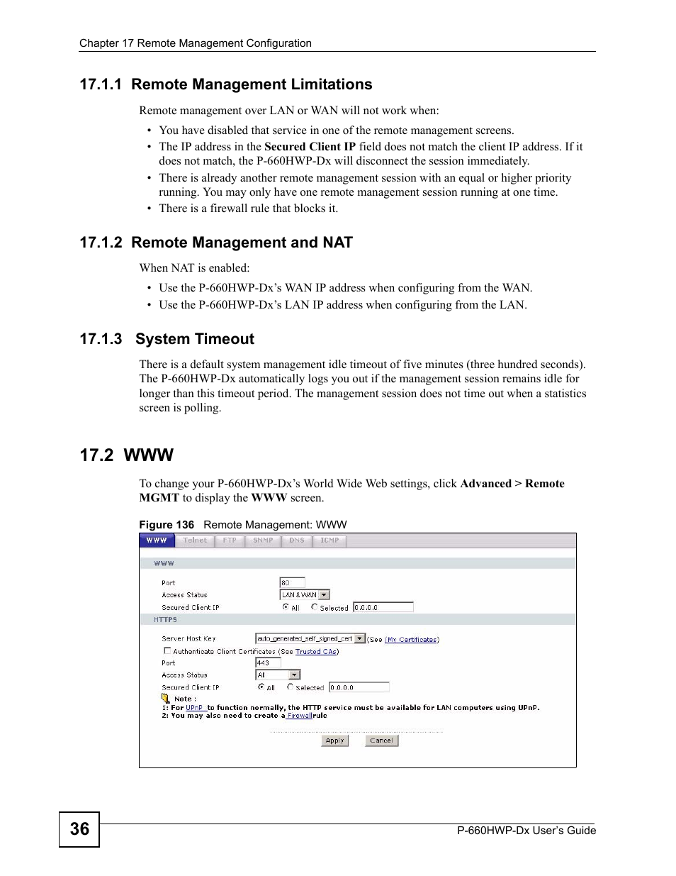 1 remote management limitations, 2 remote management and nat, 3 system timeout | 2 www, Figure 136 remote management: www | ZyXEL Communications 802.11g HomePlug AV ADSL2+ Gateway P-660HWP-Dx User Manual | Page 240 / 402