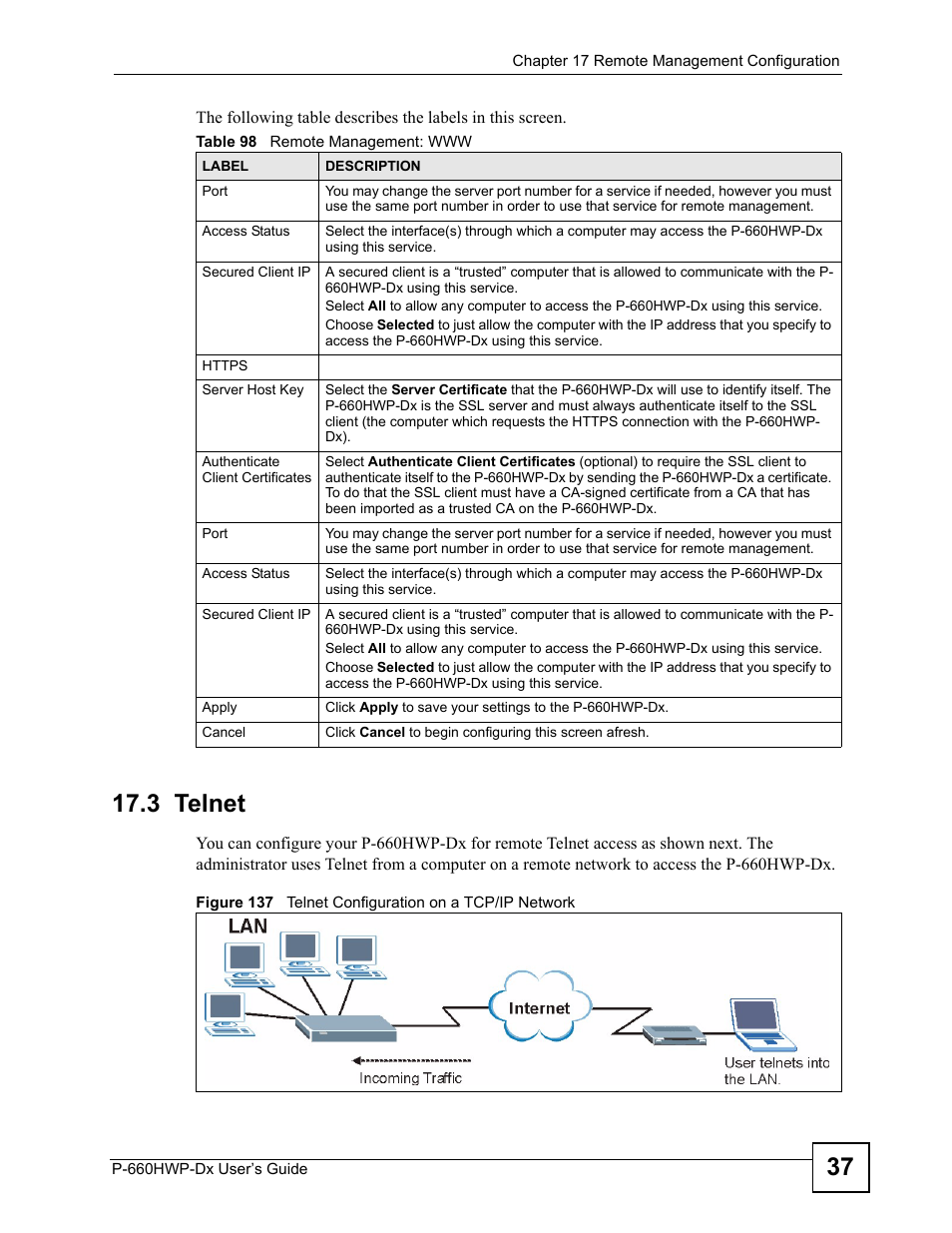 3 telnet, Table 98 remote management: www | ZyXEL Communications 802.11g HomePlug AV ADSL2+ Gateway P-660HWP-Dx User Manual | Page 241 / 402