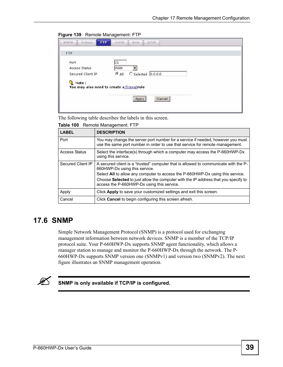 6 snmp, Figure 139 remote management: ftp, Table 100 remote management: ftp | ZyXEL Communications 802.11g HomePlug AV ADSL2+ Gateway P-660HWP-Dx User Manual | Page 243 / 402