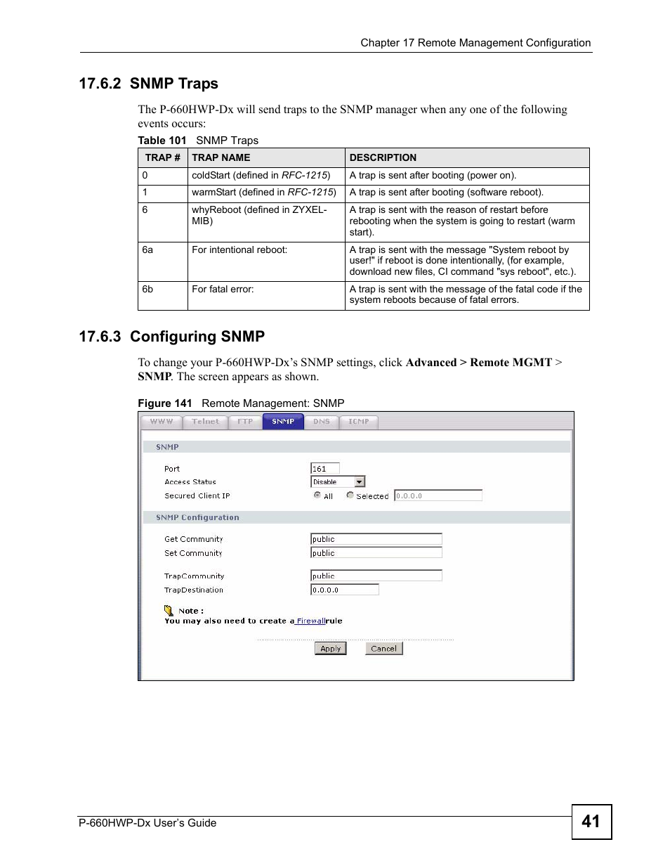 2 snmp traps, 3 configuring snmp, Figure 141 remote management: snmp | Table 101 snmp traps | ZyXEL Communications 802.11g HomePlug AV ADSL2+ Gateway P-660HWP-Dx User Manual | Page 245 / 402