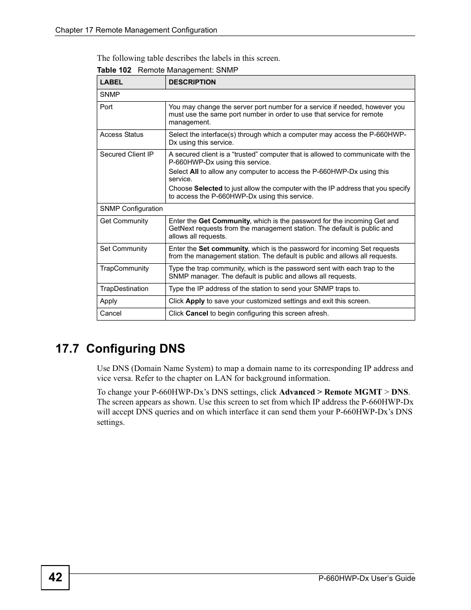 7 configuring dns, Table 102 remote management: snmp | ZyXEL Communications 802.11g HomePlug AV ADSL2+ Gateway P-660HWP-Dx User Manual | Page 246 / 402