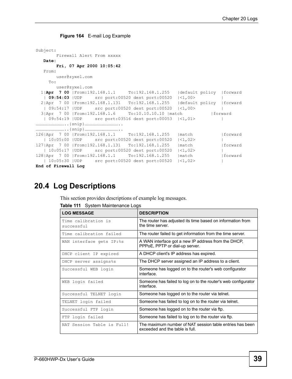 4 log descriptions, Figure 164 e-mail log example, Table 111 system maintenance logs | ZyXEL Communications 802.11g HomePlug AV ADSL2+ Gateway P-660HWP-Dx User Manual | Page 275 / 402
