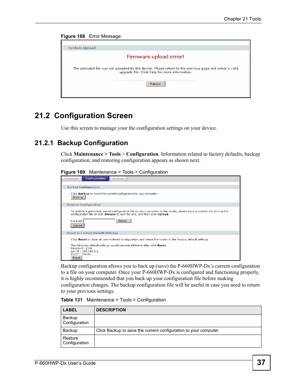 2 configuration screen, 1 backup configuration, Table 131 maintenance > tools > configuration | ZyXEL Communications 802.11g HomePlug AV ADSL2+ Gateway P-660HWP-Dx User Manual | Page 291 / 402