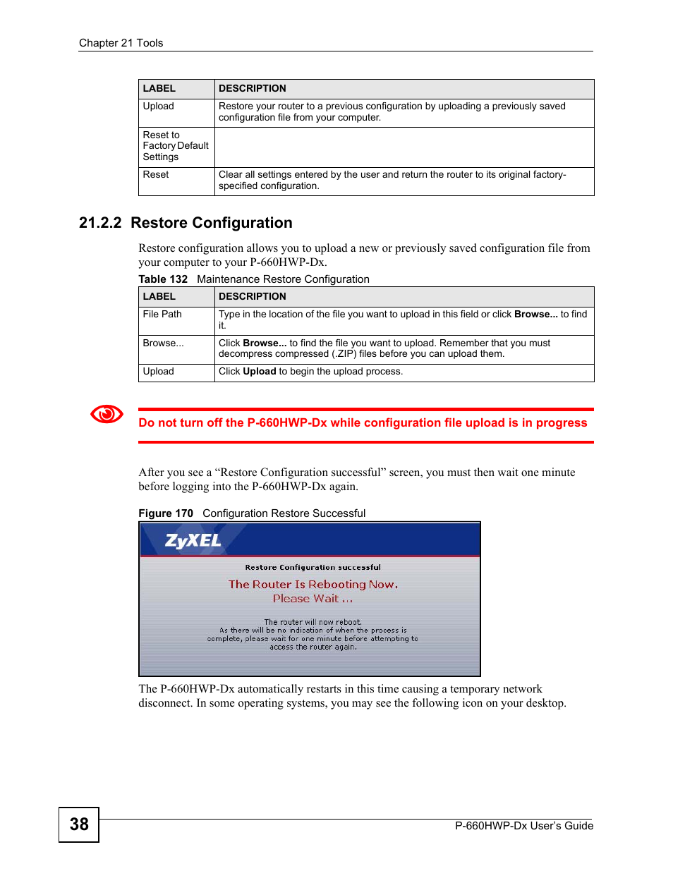 2 restore configuration, Figure 170 configuration restore successful, Table 132 maintenance restore configuration | ZyXEL Communications 802.11g HomePlug AV ADSL2+ Gateway P-660HWP-Dx User Manual | Page 292 / 402