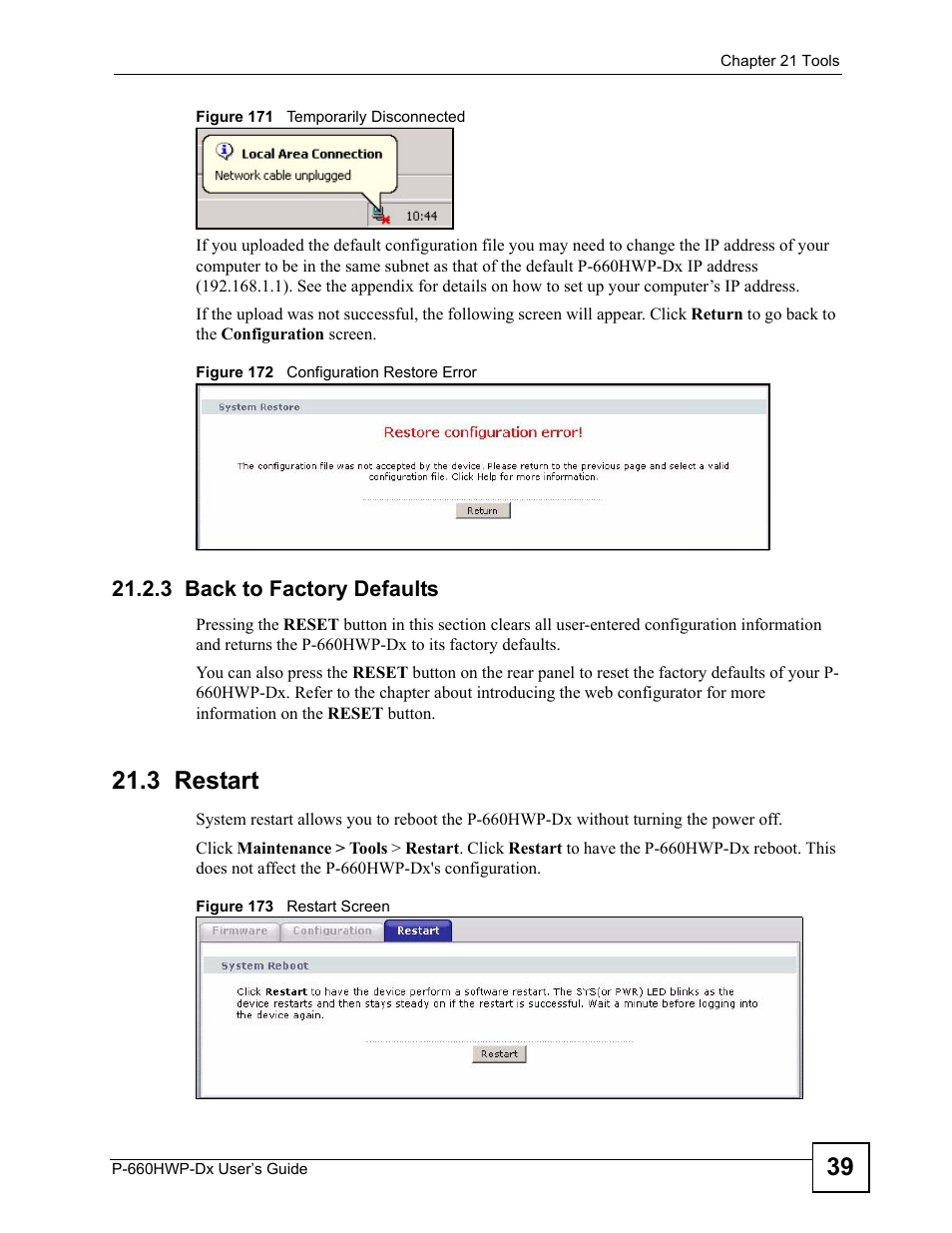 3 back to factory defaults, 3 restart | ZyXEL Communications 802.11g HomePlug AV ADSL2+ Gateway P-660HWP-Dx User Manual | Page 293 / 402