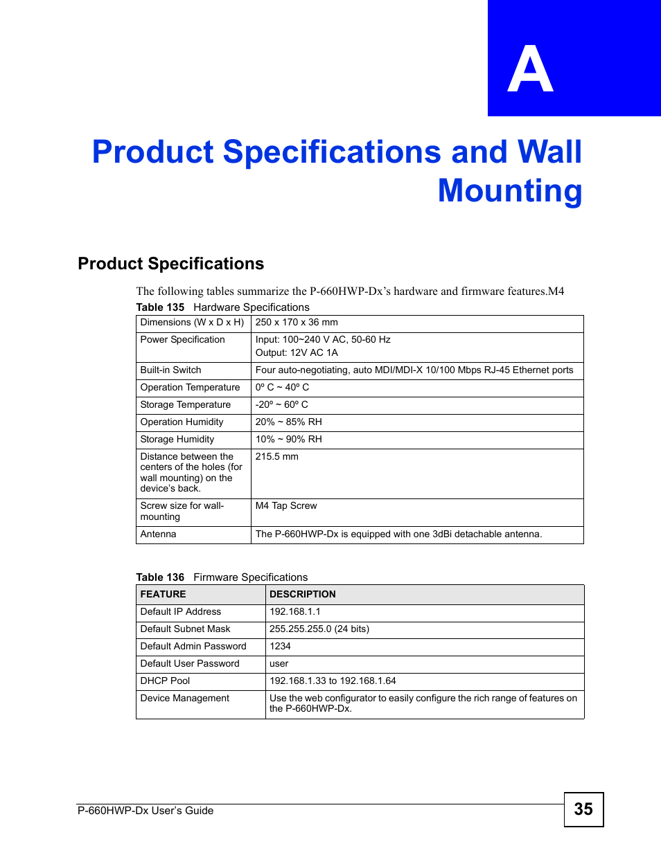 Product specifications and wall mounting, Product specifications and wall mounting (305) | ZyXEL Communications 802.11g HomePlug AV ADSL2+ Gateway P-660HWP-Dx User Manual | Page 305 / 402