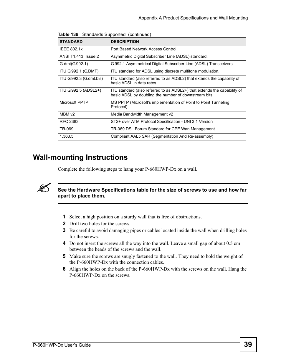 39 wall-mounting instructions | ZyXEL Communications 802.11g HomePlug AV ADSL2+ Gateway P-660HWP-Dx User Manual | Page 309 / 402