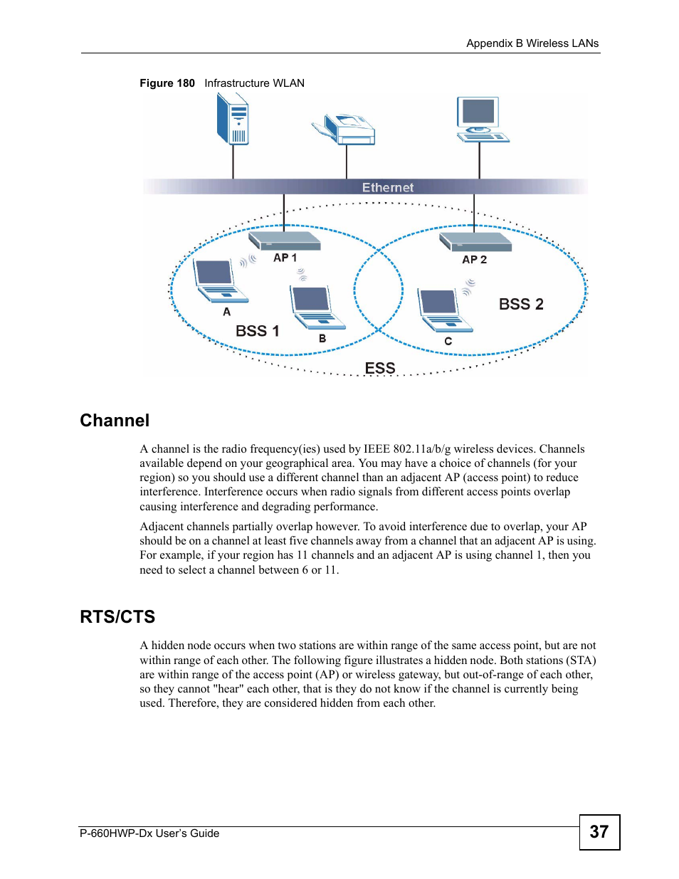 Figure 180 infrastructure wlan, Channel, Rts/cts | ZyXEL Communications 802.11g HomePlug AV ADSL2+ Gateway P-660HWP-Dx User Manual | Page 313 / 402