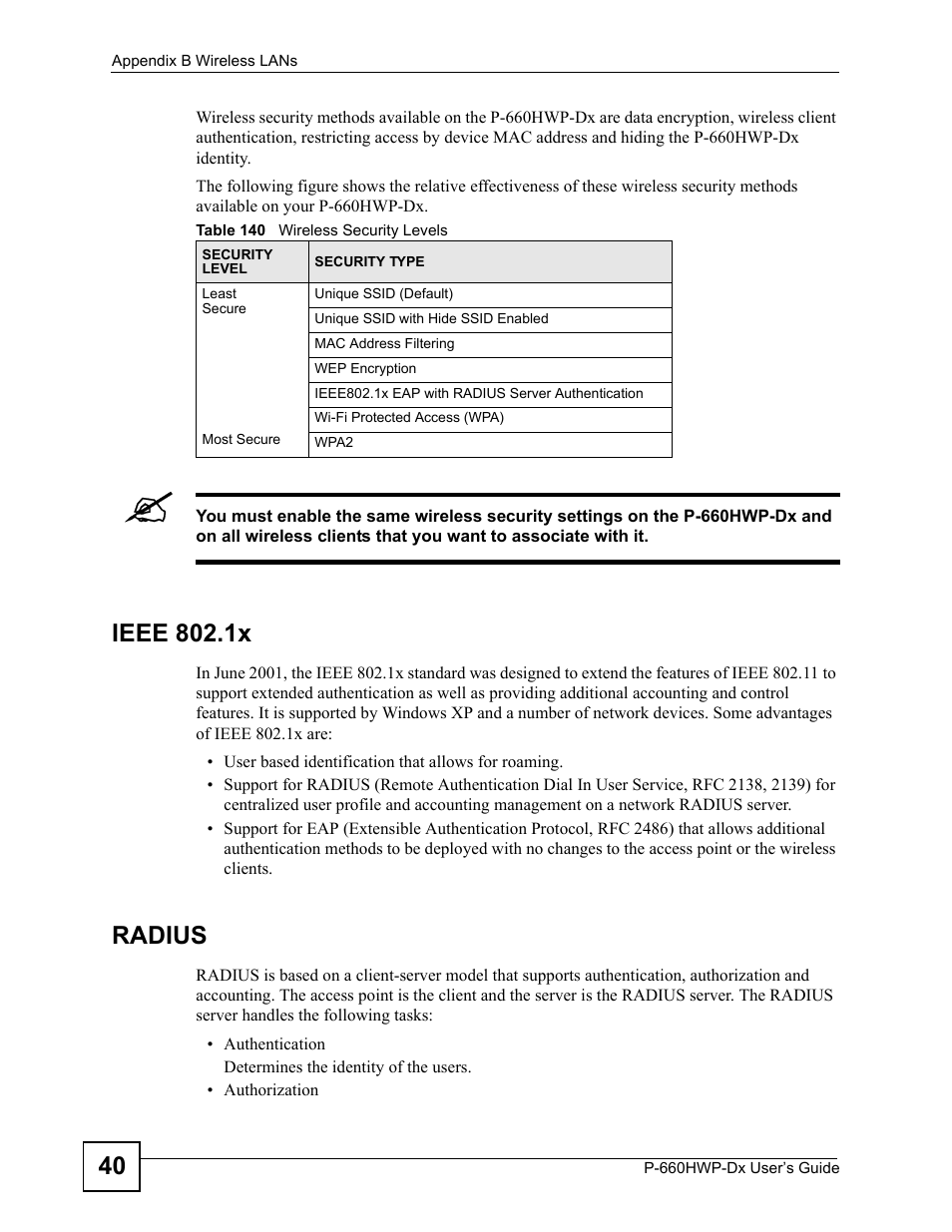 Table 140 wireless security levels, Ieee 802.1x, Radius | ZyXEL Communications 802.11g HomePlug AV ADSL2+ Gateway P-660HWP-Dx User Manual | Page 316 / 402