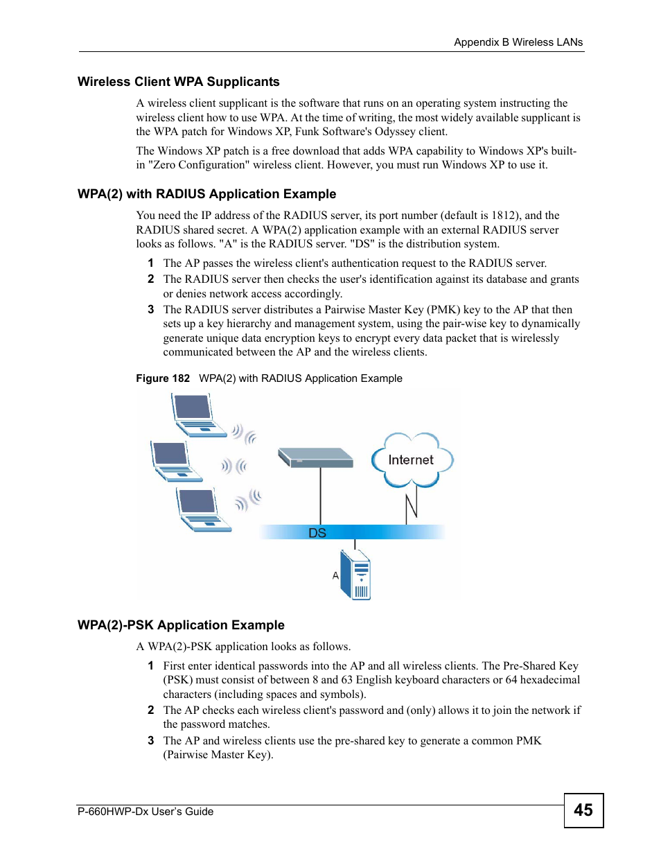 Figure 182 wpa(2) with radius application example | ZyXEL Communications 802.11g HomePlug AV ADSL2+ Gateway P-660HWP-Dx User Manual | Page 321 / 402