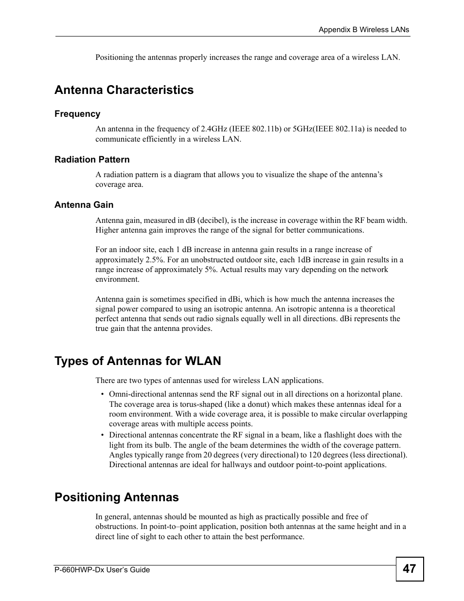 Antenna characteristics, Types of antennas for wlan, Positioning antennas | ZyXEL Communications 802.11g HomePlug AV ADSL2+ Gateway P-660HWP-Dx User Manual | Page 323 / 402