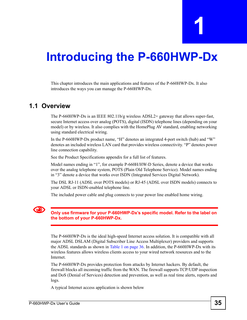 Introducing the p-660hwp-dx, 1 overview, Chapter 1 introducing the p-660hwp-dx | ZyXEL Communications 802.11g HomePlug AV ADSL2+ Gateway P-660HWP-Dx User Manual | Page 35 / 402