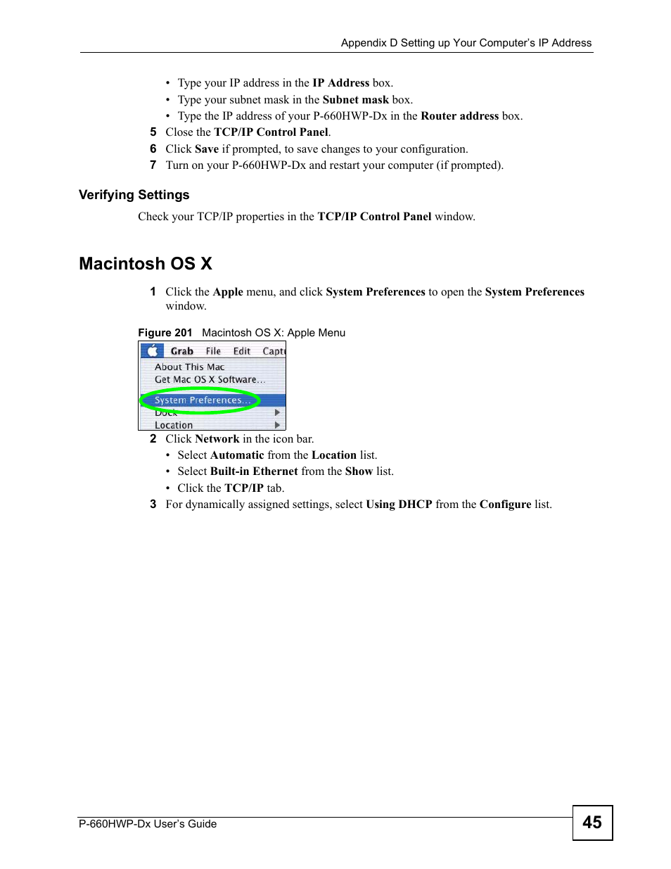 Figure 201 macintosh os x: apple menu, Macintosh os x | ZyXEL Communications 802.11g HomePlug AV ADSL2+ Gateway P-660HWP-Dx User Manual | Page 351 / 402