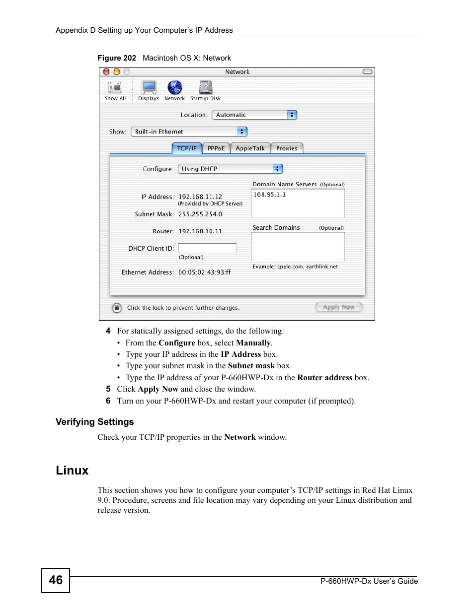 Figure 202 macintosh os x: network, Linux | ZyXEL Communications 802.11g HomePlug AV ADSL2+ Gateway P-660HWP-Dx User Manual | Page 352 / 402