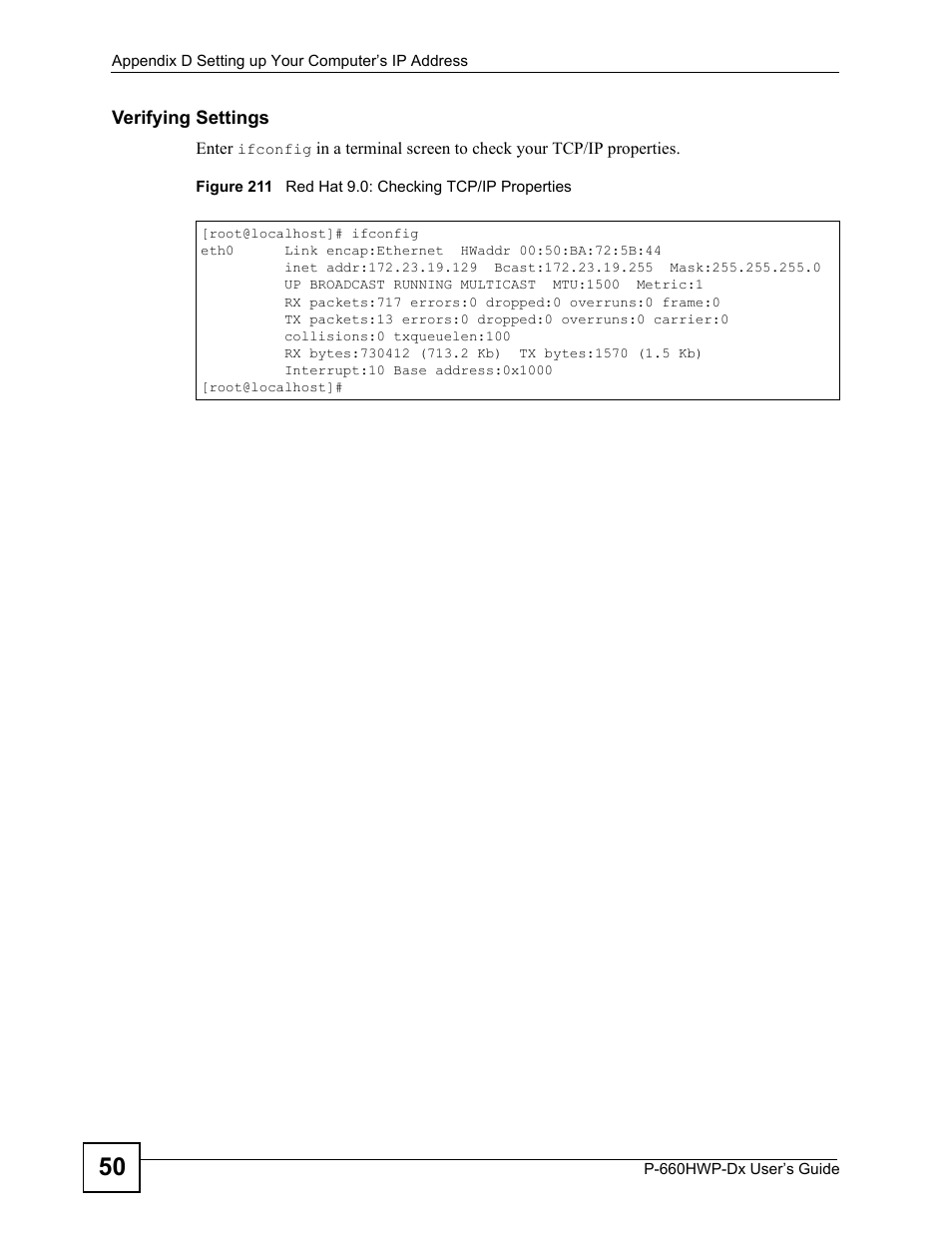 Figure 211 red hat 9.0: checking tcp/ip properties | ZyXEL Communications 802.11g HomePlug AV ADSL2+ Gateway P-660HWP-Dx User Manual | Page 356 / 402