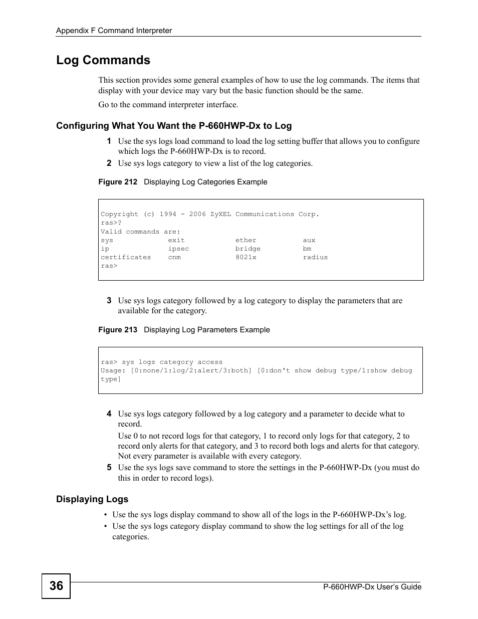 36 log commands | ZyXEL Communications 802.11g HomePlug AV ADSL2+ Gateway P-660HWP-Dx User Manual | Page 366 / 402