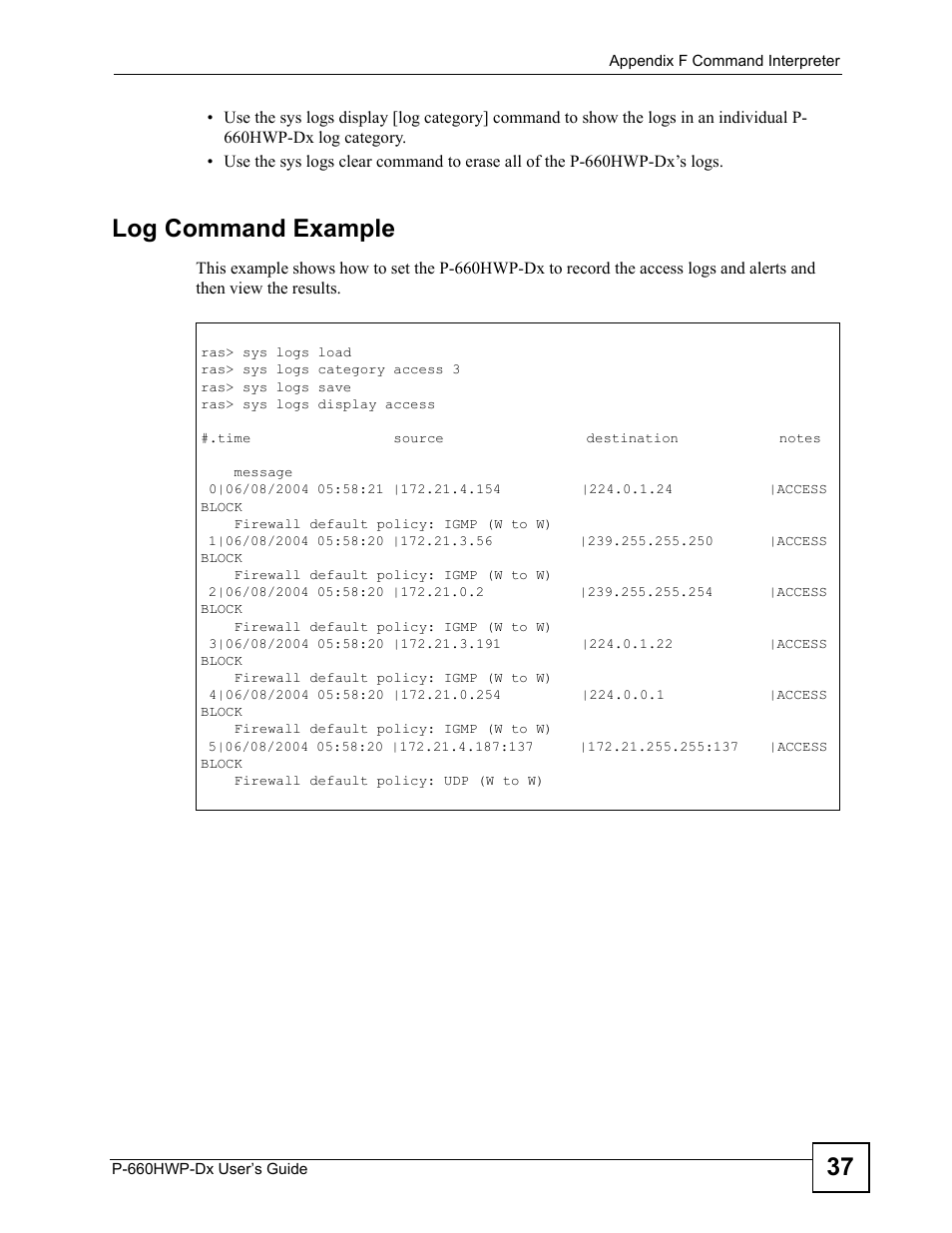Log command example | ZyXEL Communications 802.11g HomePlug AV ADSL2+ Gateway P-660HWP-Dx User Manual | Page 367 / 402