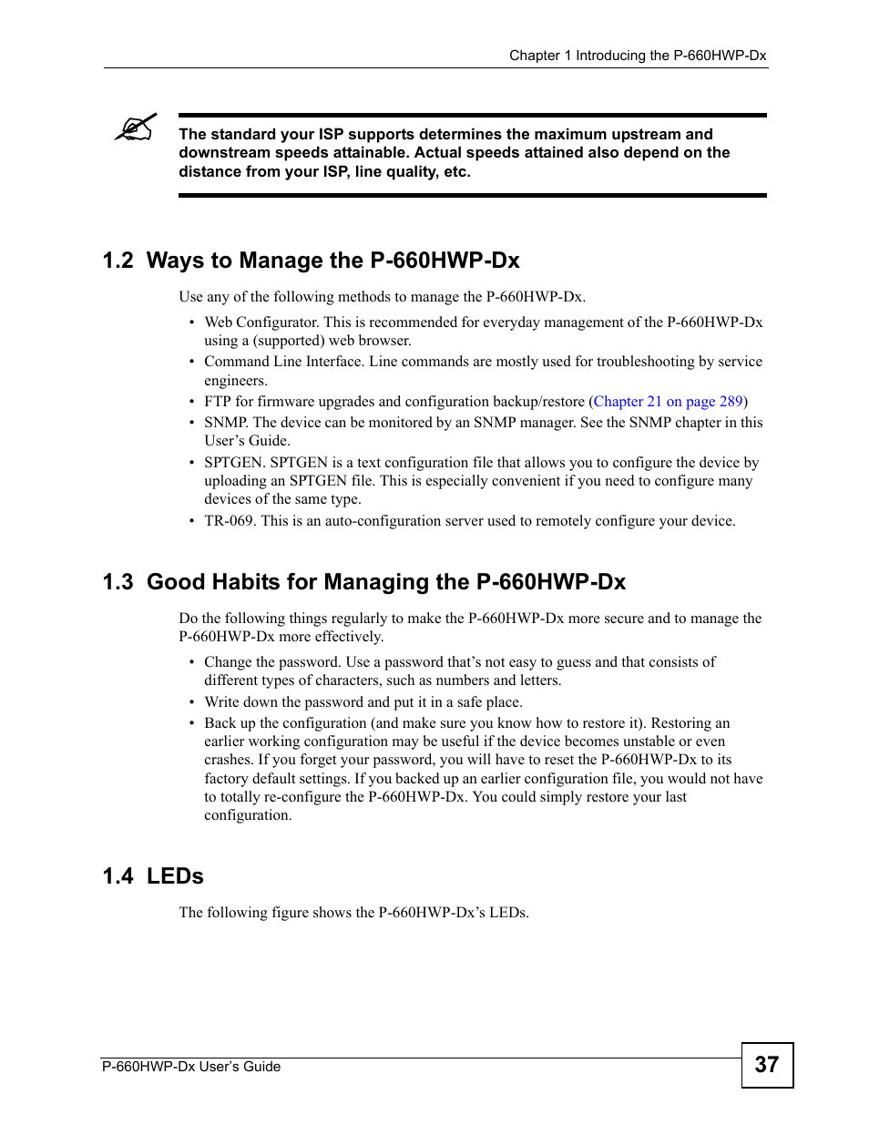2 ways to manage the p-660hwp-dx, 3 good habits for managing the p-660hwp-dx, 4 leds | ZyXEL Communications 802.11g HomePlug AV ADSL2+ Gateway P-660HWP-Dx User Manual | Page 37 / 402