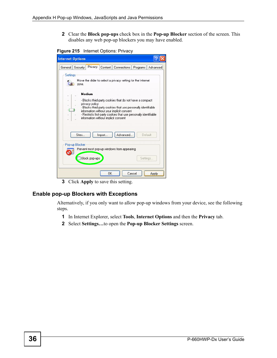 Figure 215 internet options: privacy | ZyXEL Communications 802.11g HomePlug AV ADSL2+ Gateway P-660HWP-Dx User Manual | Page 376 / 402