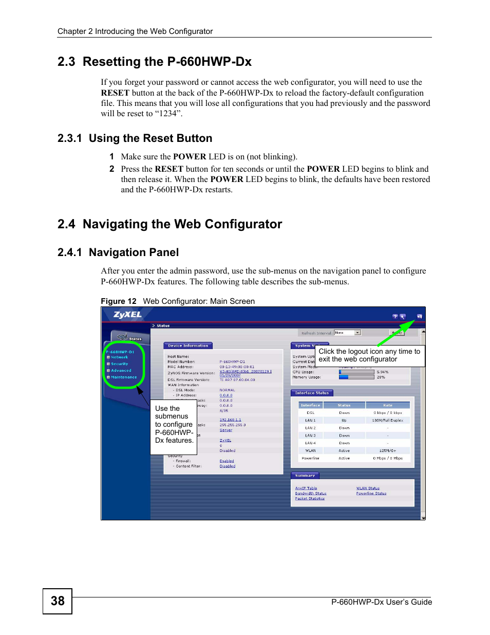 3 resetting the p-660hwp-dx, 1 using the reset button, 4 navigating the web configurator | 1 navigation panel, Figure 12 web configurator: main screen | ZyXEL Communications 802.11g HomePlug AV ADSL2+ Gateway P-660HWP-Dx User Manual | Page 46 / 402