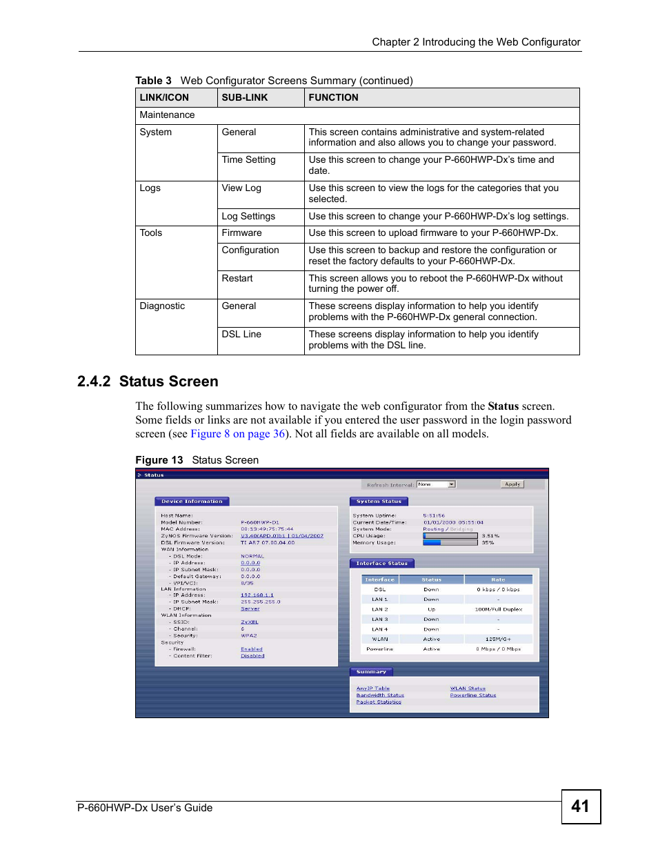 2 status screen, Figure 13 status screen | ZyXEL Communications 802.11g HomePlug AV ADSL2+ Gateway P-660HWP-Dx User Manual | Page 49 / 402
