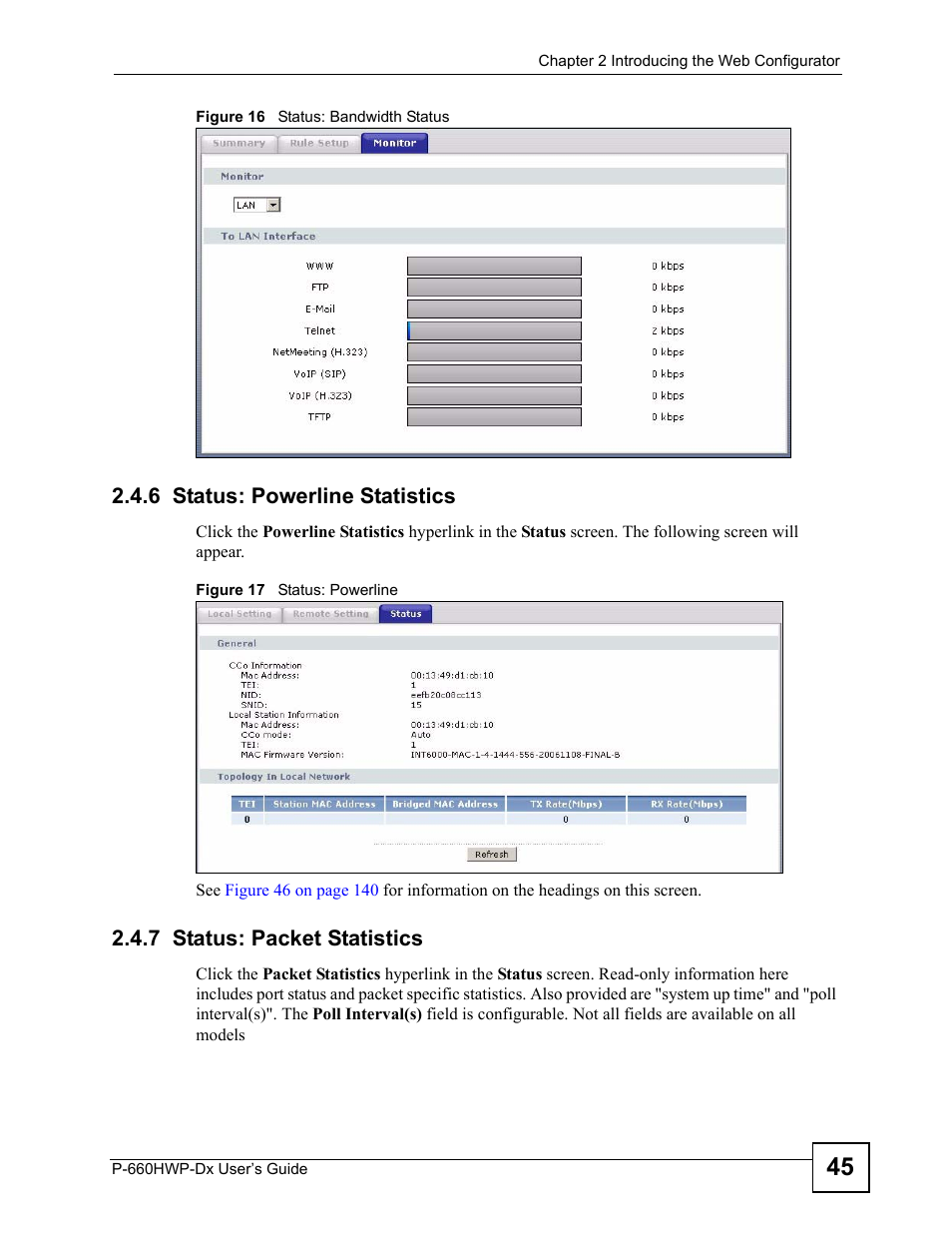 6 status: powerline statistics, 7 status: packet statistics | ZyXEL Communications 802.11g HomePlug AV ADSL2+ Gateway P-660HWP-Dx User Manual | Page 53 / 402