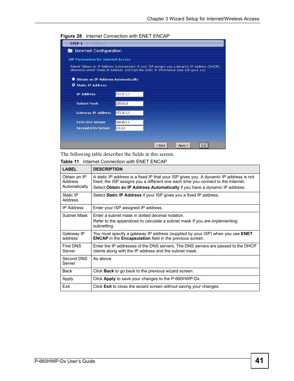 Figure 28 internet connection with enet encap, Table 11 internet connection with enet encap | ZyXEL Communications 802.11g HomePlug AV ADSL2+ Gateway P-660HWP-Dx User Manual | Page 65 / 402