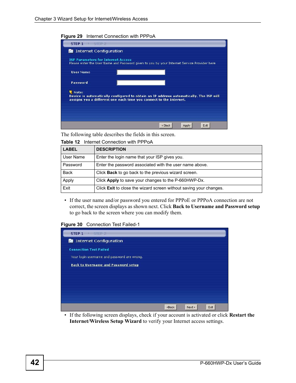 Table 12 internet connection with pppoa | ZyXEL Communications 802.11g HomePlug AV ADSL2+ Gateway P-660HWP-Dx User Manual | Page 66 / 402