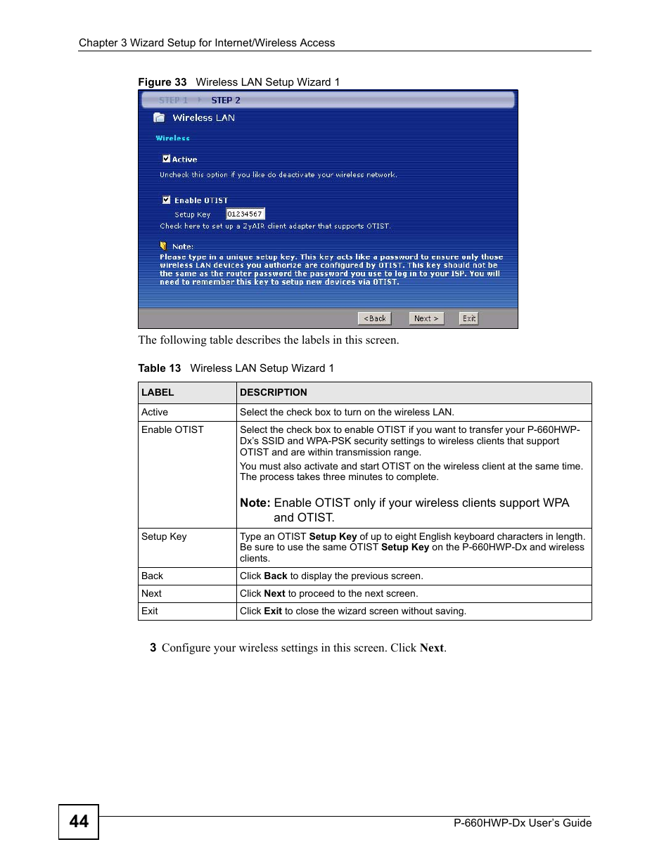 Figure 33 wireless lan setup wizard 1, Table 13 wireless lan setup wizard 1 | ZyXEL Communications 802.11g HomePlug AV ADSL2+ Gateway P-660HWP-Dx User Manual | Page 68 / 402