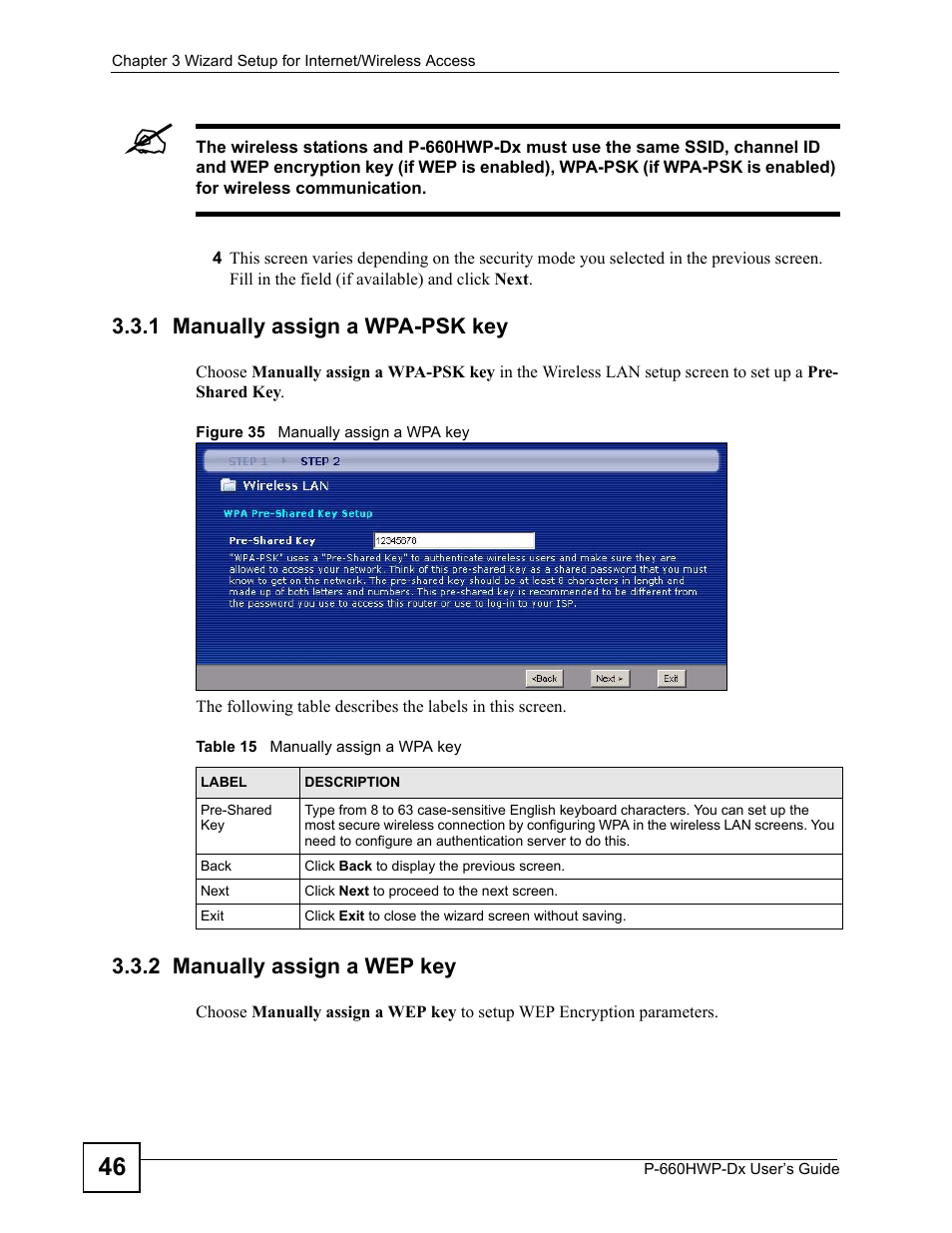 1 manually assign a wpa-psk key, 2 manually assign a wep key, Figure 35 manually assign a wpa key | Table 15 manually assign a wpa key, Section 3.3.1 on, Section 3.3.2 on | ZyXEL Communications 802.11g HomePlug AV ADSL2+ Gateway P-660HWP-Dx User Manual | Page 70 / 402