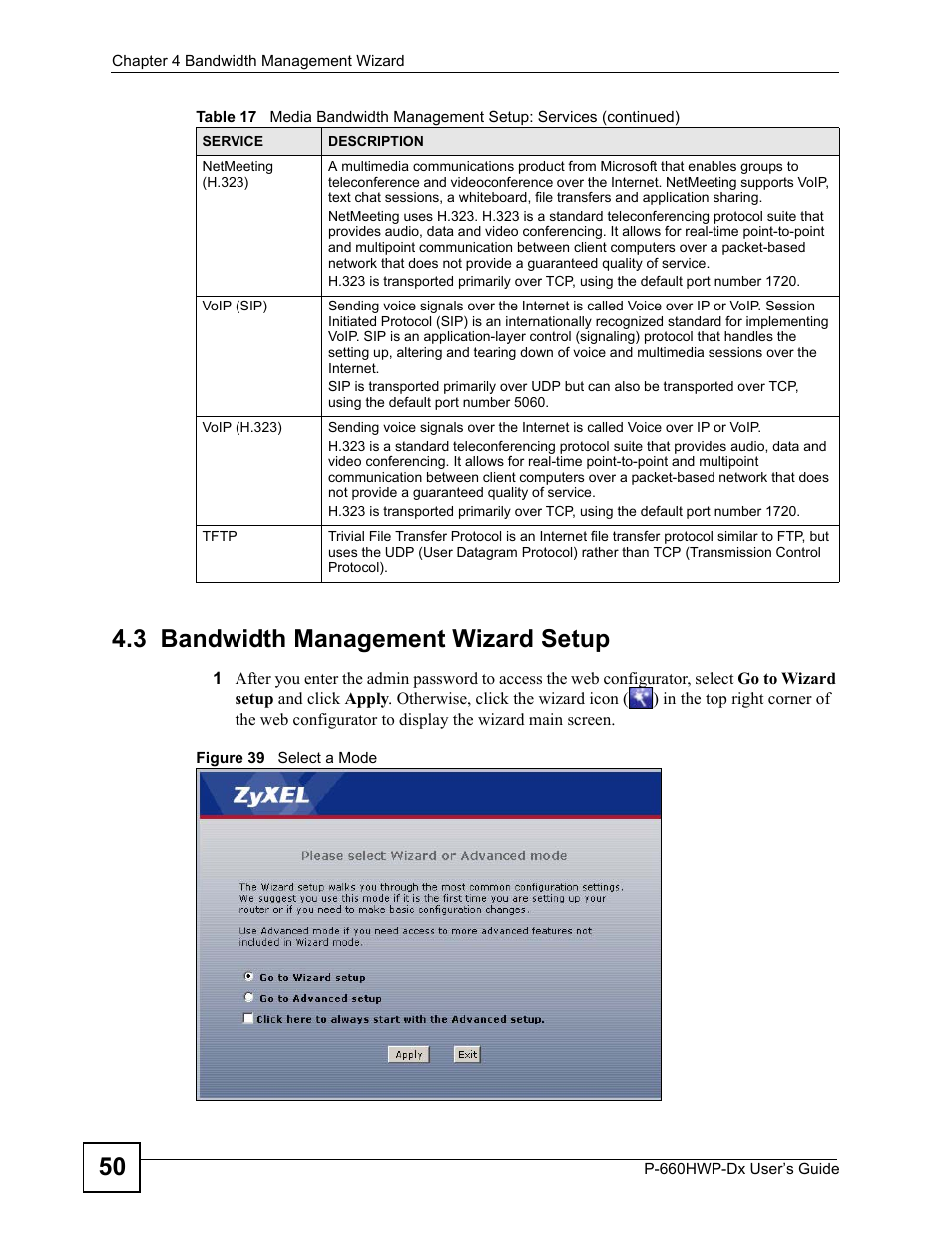 3 bandwidth management wizard setup, Figure 39 select a mode, 50 4.3 bandwidth management wizard setup | ZyXEL Communications 802.11g HomePlug AV ADSL2+ Gateway P-660HWP-Dx User Manual | Page 74 / 402