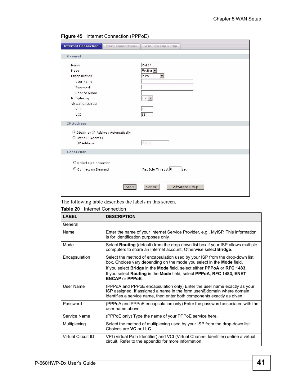 Figure 45 internet connection (pppoe), Table 20 internet connection | ZyXEL Communications 802.11g HomePlug AV ADSL2+ Gateway P-660HWP-Dx User Manual | Page 87 / 402