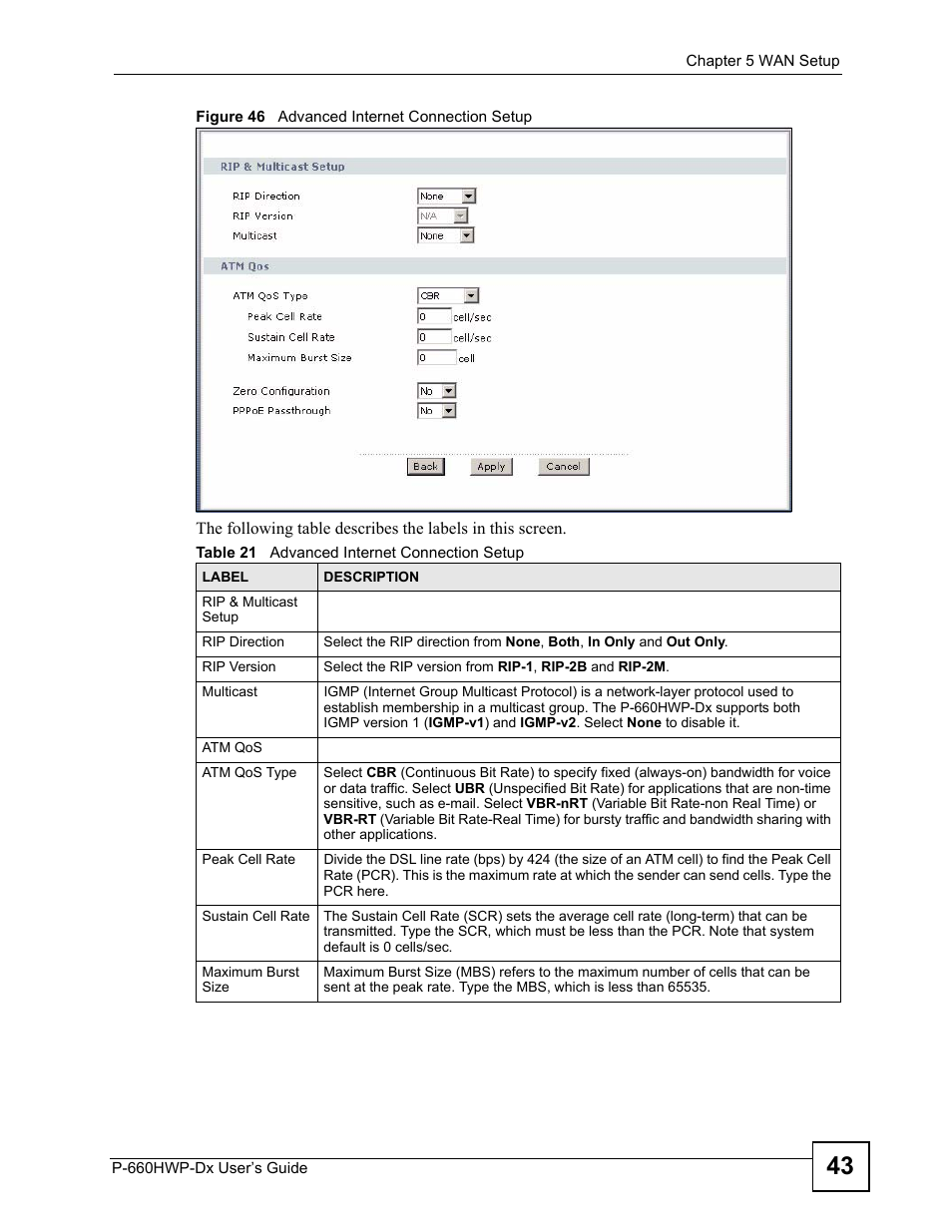 Figure 46 advanced internet connection setup, Table 21 advanced internet connection setup | ZyXEL Communications 802.11g HomePlug AV ADSL2+ Gateway P-660HWP-Dx User Manual | Page 89 / 402