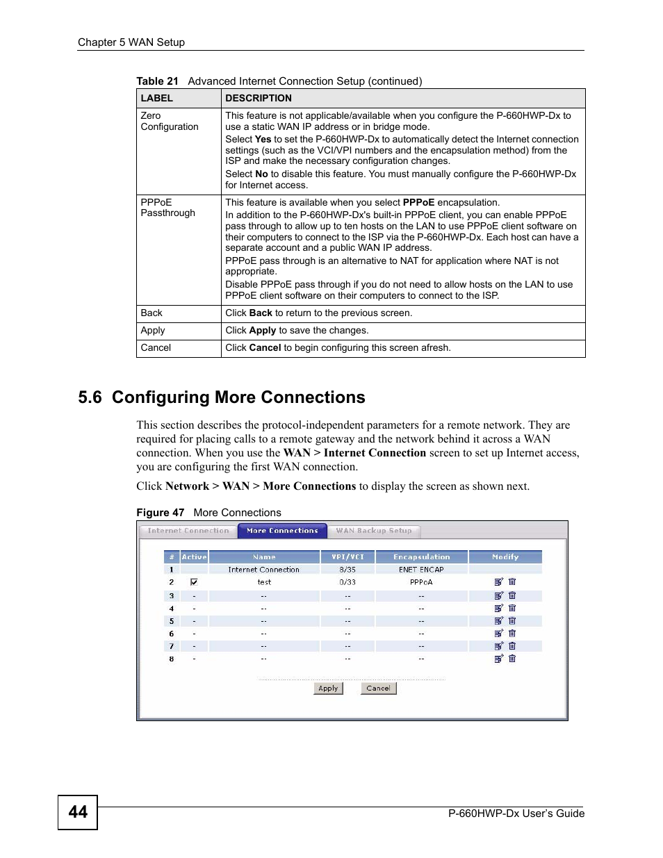 6 configuring more connections, Figure 47 more connections, 44 5.6 configuring more connections | ZyXEL Communications 802.11g HomePlug AV ADSL2+ Gateway P-660HWP-Dx User Manual | Page 90 / 402