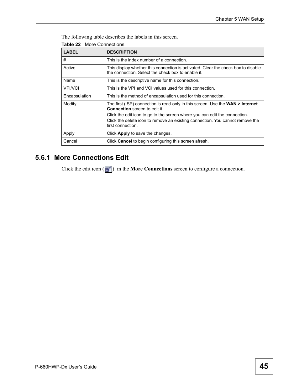 1 more connections edit, Table 22 more connections | ZyXEL Communications 802.11g HomePlug AV ADSL2+ Gateway P-660HWP-Dx User Manual | Page 91 / 402