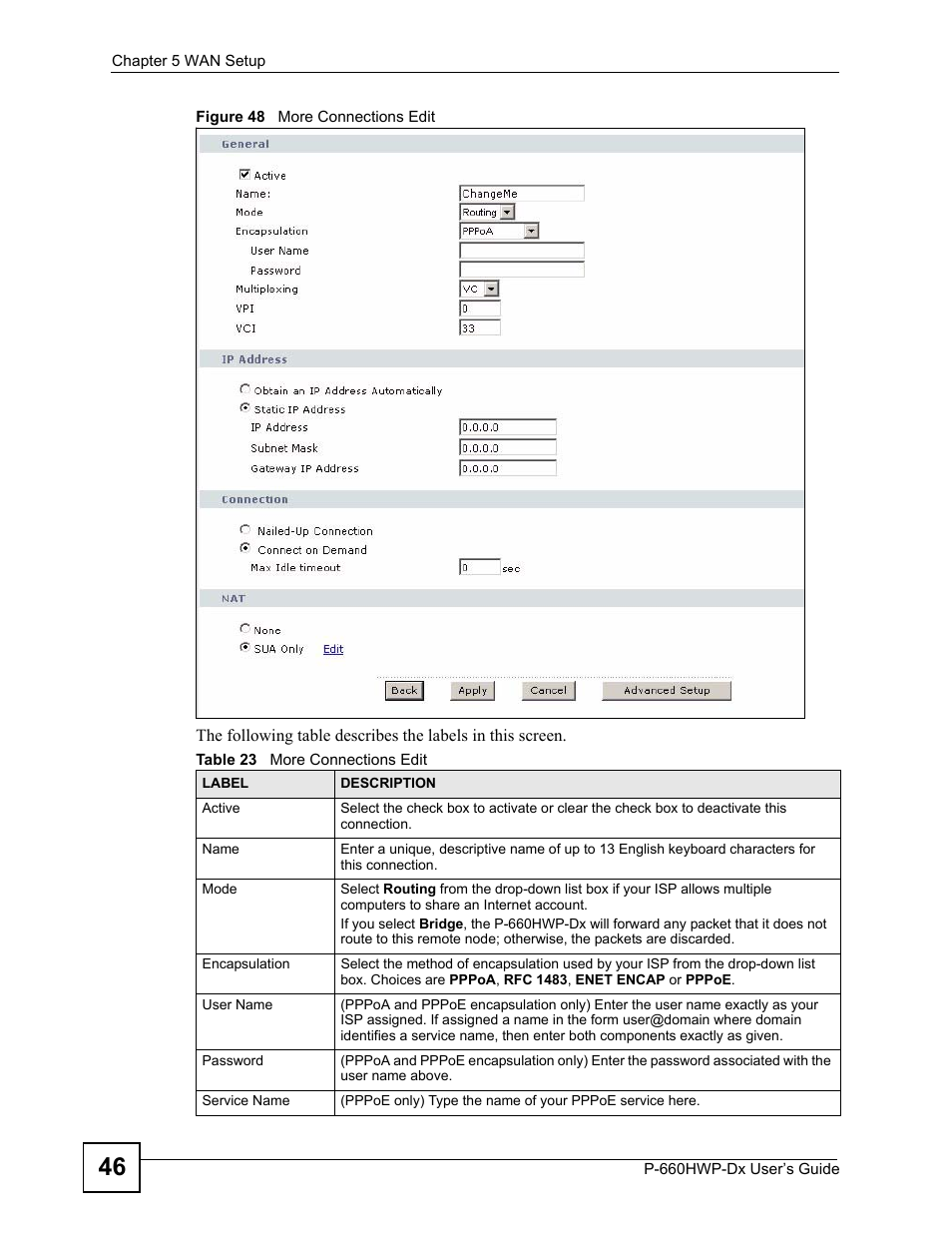 Figure 48 more connections edit, Table 23 more connections edit | ZyXEL Communications 802.11g HomePlug AV ADSL2+ Gateway P-660HWP-Dx User Manual | Page 92 / 402