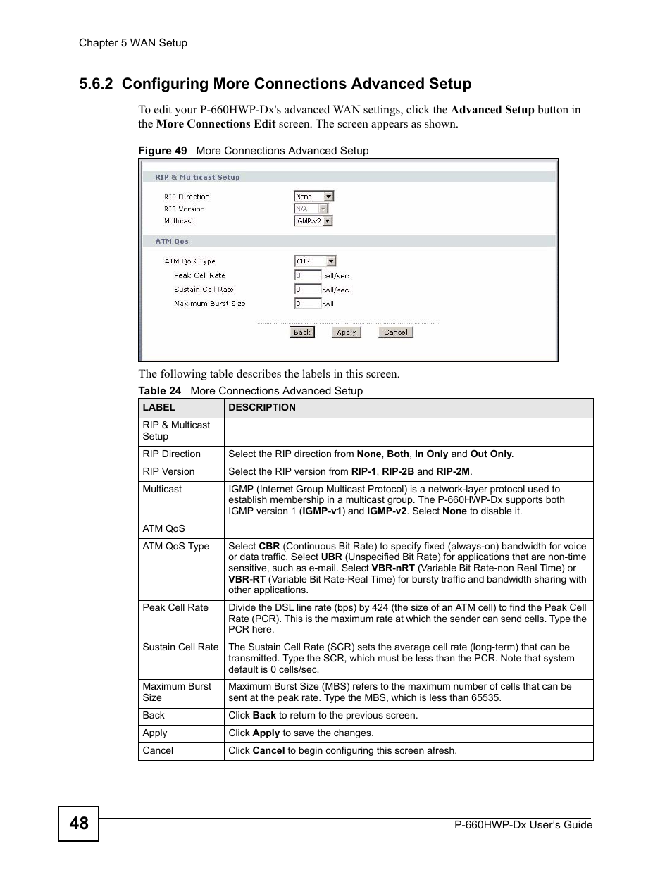 2 configuring more connections advanced setup, Figure 49 more connections advanced setup, Table 24 more connections advanced setup | ZyXEL Communications 802.11g HomePlug AV ADSL2+ Gateway P-660HWP-Dx User Manual | Page 94 / 402