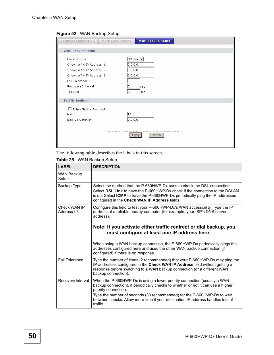 Figure 52 wan backup setup, Table 25 wan backup setup | ZyXEL Communications 802.11g HomePlug AV ADSL2+ Gateway P-660HWP-Dx User Manual | Page 96 / 402