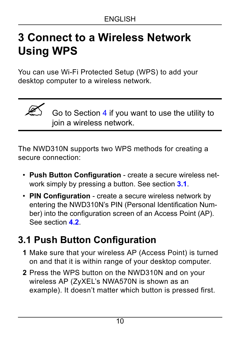 3 connect to a wireless network using wps, 1 push button configuration | ZyXEL Communications NWD310N User Manual | Page 10 / 127