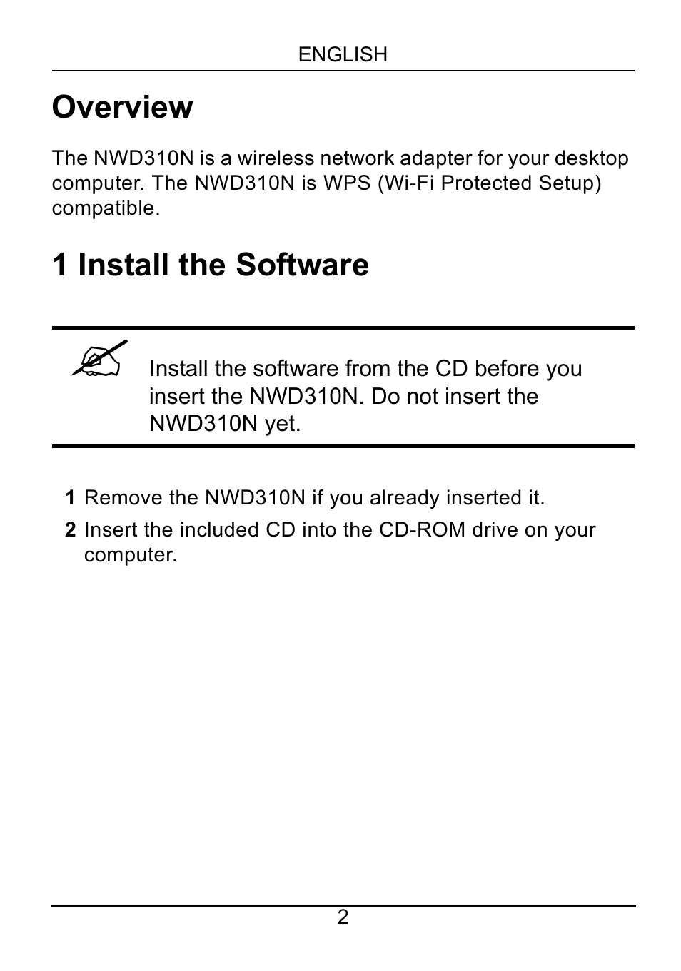English, Overview, 1 install the software | ZyXEL Communications NWD310N User Manual | Page 2 / 127