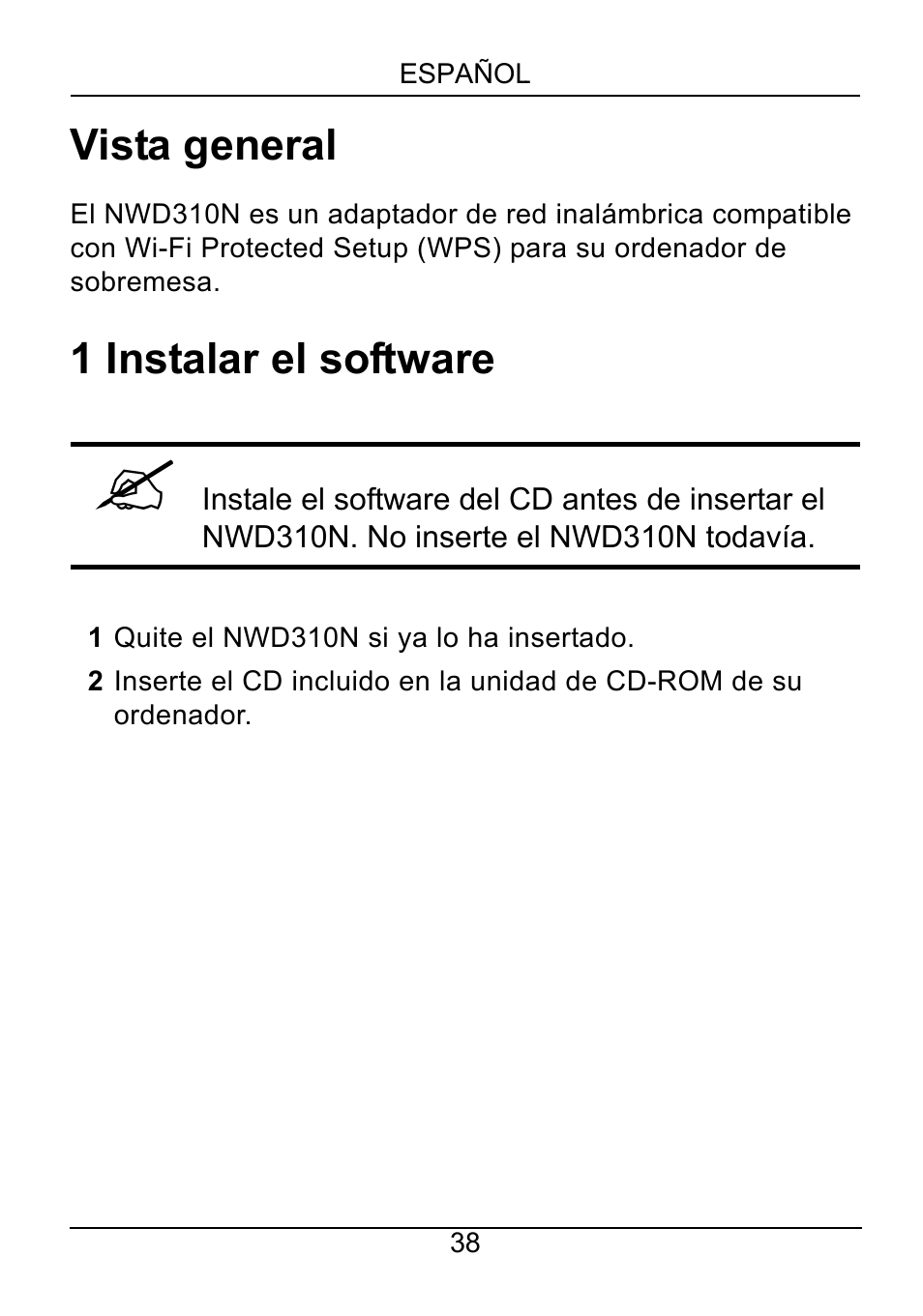 Español, Vista general, 1 instalar el software | ZyXEL Communications NWD310N User Manual | Page 38 / 127