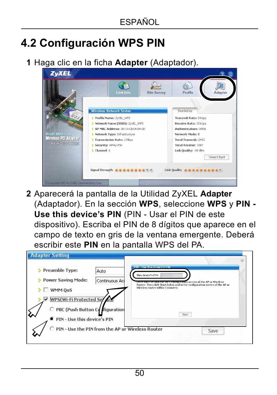 2 configuración wps pin | ZyXEL Communications NWD310N User Manual | Page 50 / 127