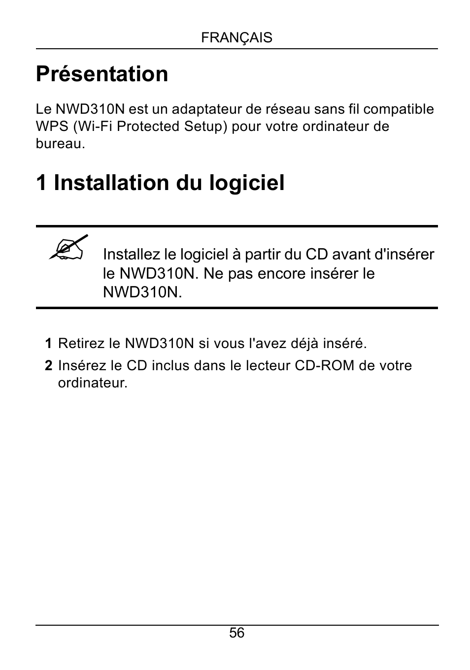 Français, Français 56, Présentation | 1 installation du logiciel | ZyXEL Communications NWD310N User Manual | Page 56 / 127