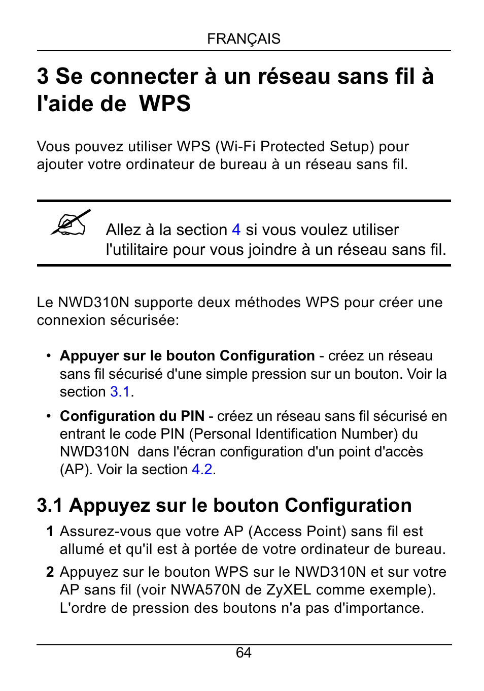 1 appuyez sur le bouton configuration | ZyXEL Communications NWD310N User Manual | Page 64 / 127
