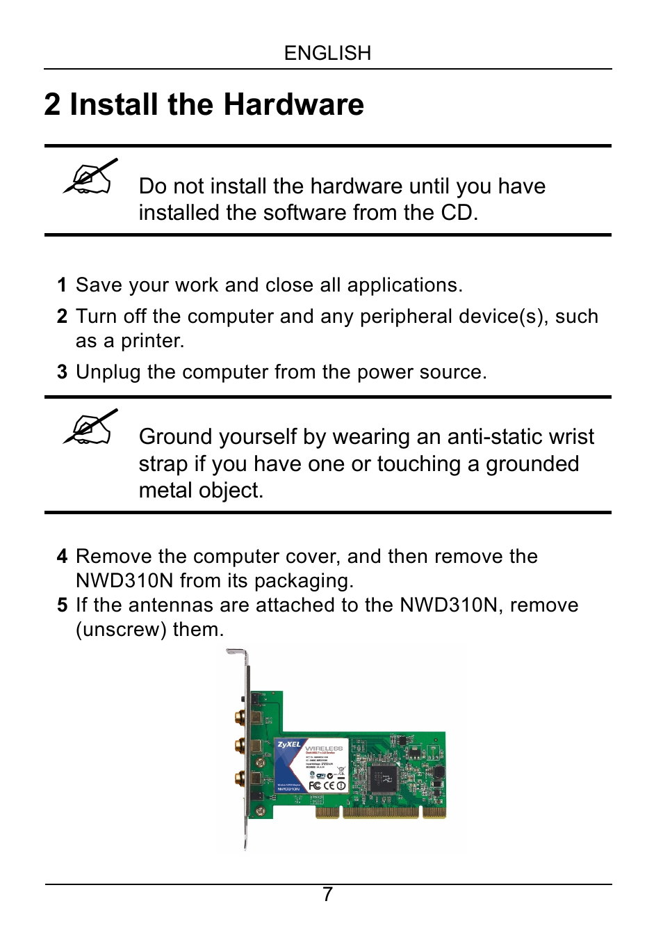 2 install the hardware | ZyXEL Communications NWD310N User Manual | Page 7 / 127