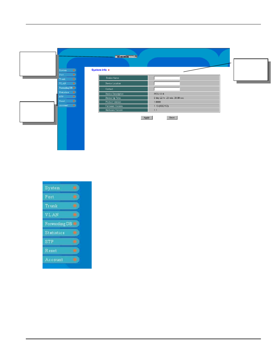 Main screen, 4 main screen, 1 information panel | ZyXEL Communications PES-1014 User Manual | Page 23 / 81